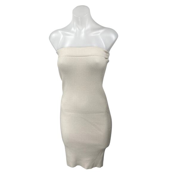Zara Beige Strapless Sleeveless Ribbed Knit Tube Bandeau Mini Bodycon Dress Sz S - Picture 1 of 4